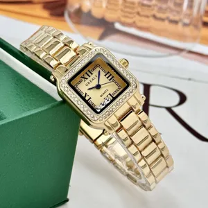 Gold square rhinestone quartz watch detail, elegant women metal strap timepiece luxury chic