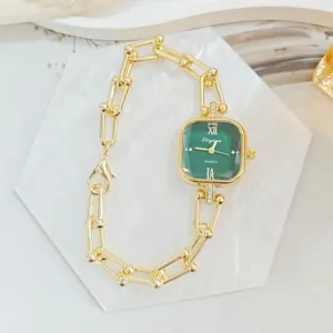 Elegante goldene Damenuhr mit grünem Zifferblatt und modischem Gliederarmband Quarzuhr