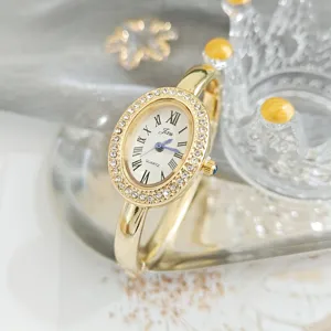Vintage Oval Rhinestone Quartz Bracelet Watch for Women Luxury Gold Dress Wristwatch