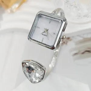 Quadratische Diamant Quarzuhr Damen Luxus offenes Armband elegante silberne Uhr neu