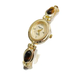 Luxury vintage gold women quartz watch with tiger eye stone bracelet elegant style