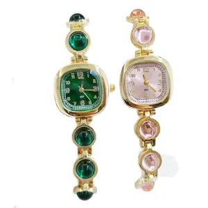 Reloj pulsera mujer gema lujo nicho vintage cuarzo elegante reloj metal dorado pulsera