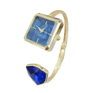 Luxus quadratische gold Quarz Damen Uhr elegante offene Armreif blaue Zifferblatt Mode