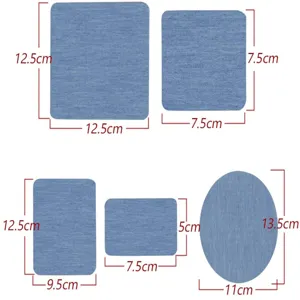 Denim patches detail dimension view showing square and oval shapes with adhesive backing.