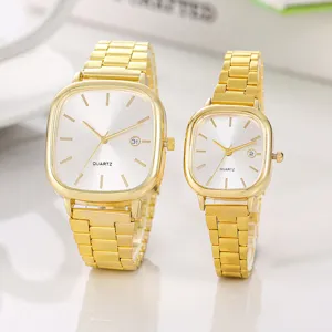 Elegant square couple quartz watches with gold steel straps, minimalist calendar design.