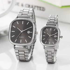 Square quartz couple watch with metal stainless steel strap minimalist design for daily wear.