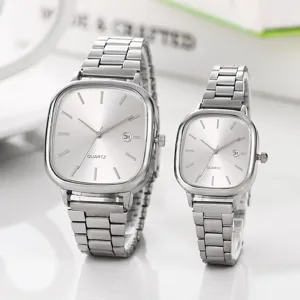 Elegant square steel strap couple quartz watch with calendar, minimalist chic design.