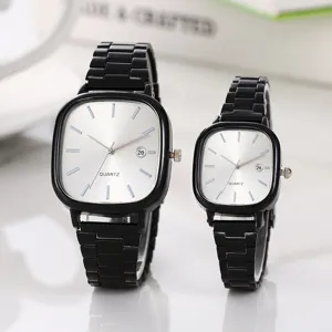 Detail shot of stylish square couple quartz watch with black steel strap and calendar.