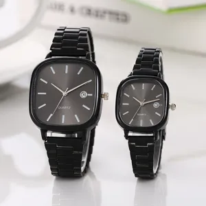 Square steel strap couple quartz watch set with minimalist black dial and calendar view.