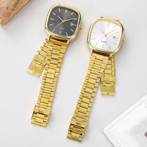 Square quartz watch detail showing gold metal strap and elegant dial design for couples.