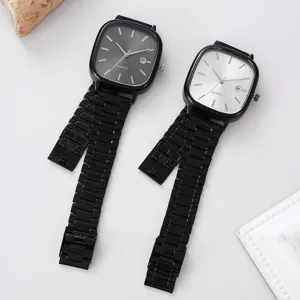 Stylish square quartz watch with black metal strap for men and women, minimalist daily look.
