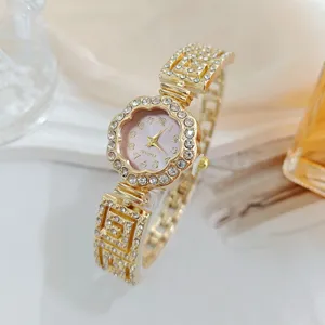 Gold flower rhinestone quartz watch for women luxury elegant sparkling bracelet wrist watch