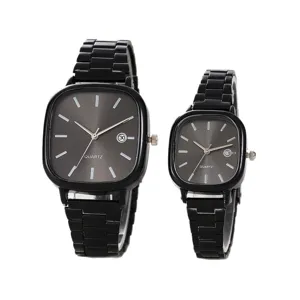 Luxury couple square quartz watch with black steel strap and minimalist grey dial for daily wear.