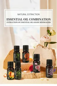 Detailed view of assorted plant essential oil bottles set with natural rock background.