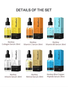 Hankey facial serum set detail view featuring 6 bottles of 30ml anti-aging and hydrating skincare products.