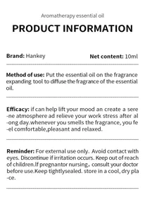 Essential oil product detail showing net content 10ml, usage methods and safety reminders.