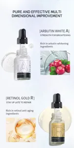 Closeup details of Arbutin and Retinol facial serums showing texture and active ingredients.