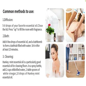 Essential oil usage guide showing diffusion bath and floor cleaning instructions clearly.