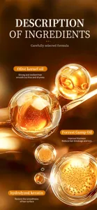 Hair care oil detail graphic showing nourishing ingredients like olive and keratin for smooth hair.