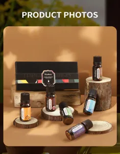 Close-up detail of aromatherapy essential oil set bottles displayed on wooden slices.