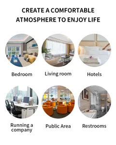 Essential oil application scenes showing bedroom, living room, hotel, and office use.