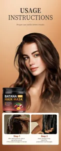 Batana oil hair mask detail view showing product bottle, ingredients and usage steps