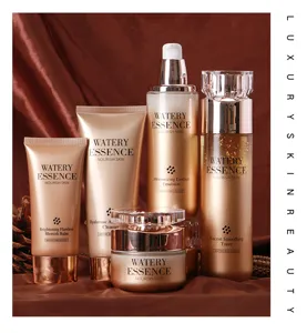 Details of the luxury gold watery essence skincare set featuring hydrating and nourishing formulas.