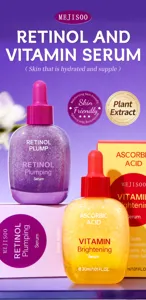 Detailed view of the vitamin C and retinol facial serum bottles with vibrant packaging design.