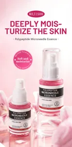 Detail view of polypeptide microneedle essence serum bottles with dropper, pink aesthetic.