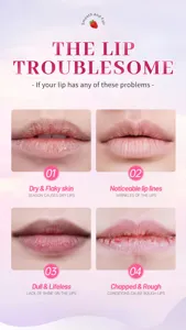 Lip scrub detail image showing dry lips, wrinkles, dullness, and chapped problems clearly.