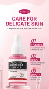 Close-up view of polypeptide microneedle essence bottle featured with soft pink gradient background.