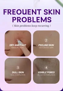 Detailed skincare infographic showing frequent skin problems like dry taut skin and visible pores.
