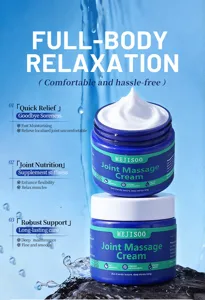 Joint massage cream detail view, showing blue jar packaging and smooth texture for body care.