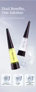 Double benefit lip plumper oil with pointed cap, moisturizing and hydrating dry lips for care.