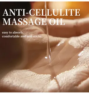 Anti-cellulite massage oil detail shot showing smooth liquid texture dripping onto palm for spa.