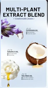Multi-plant extract joint massage cream detail, natural lavender, coconut and tea tree oil formula.