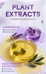 Detailed view of plant extract serum with lavender oil and nourishing olive fruit ingredients.