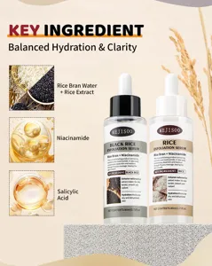 Close-up detail of rice exfoliation serum dropper bottle with texture and ingredients.