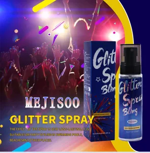 Vista dettagliata del flacone e della scatola di spray glitterato MEJISOO per il corpo.