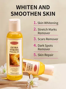 Extra strong body peeling oil details, featuring skin whitening, stretch marks and scar repair.