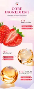 Strawberry lip scrub detail image showing natural ingredients like squalane and hyaluronate.