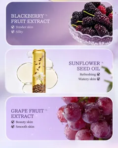 Plant extract face serum detail banner featuring blackberry, sunflower oil and grape extract.