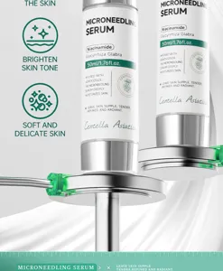 Detailed close-up view of the microneedling serum bottle featuring centella and niacinamide.