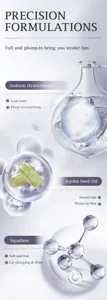 Detail view of moisturizing lip plumper oil showing active ingredients and transparent texture.