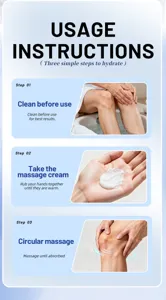 Step-by-step usage instructions detail showing white joint massage cream application process.