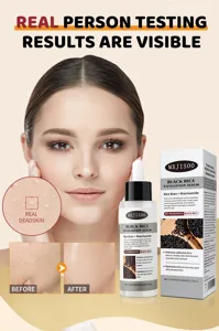 Black rice facial exfoliation serum detail view showing real testing results and skin texture.
