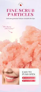 Strawberry lip scrub detail view showing fine pink exfoliating particles and smooth lips application.