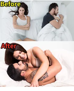 Couple intimate bed scene marketing image for adult wellness massage essential oil product presentation