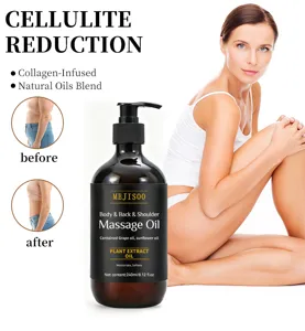MEJISOO 240ml body massage oil detail showing plant extracts and collagen infusion for skin care.