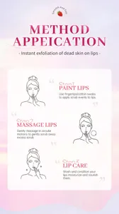 Lip scrub application guide infographic showing three easy steps for smooth and soft lips.